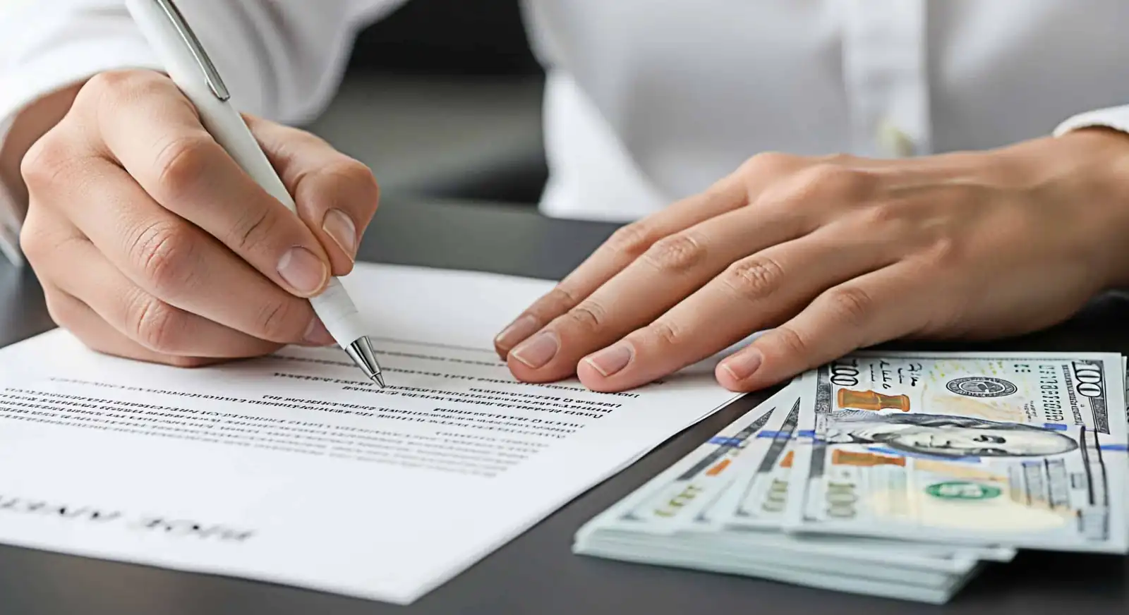 Close-up of a person signing a Nevada property deed before a notary for county recording
