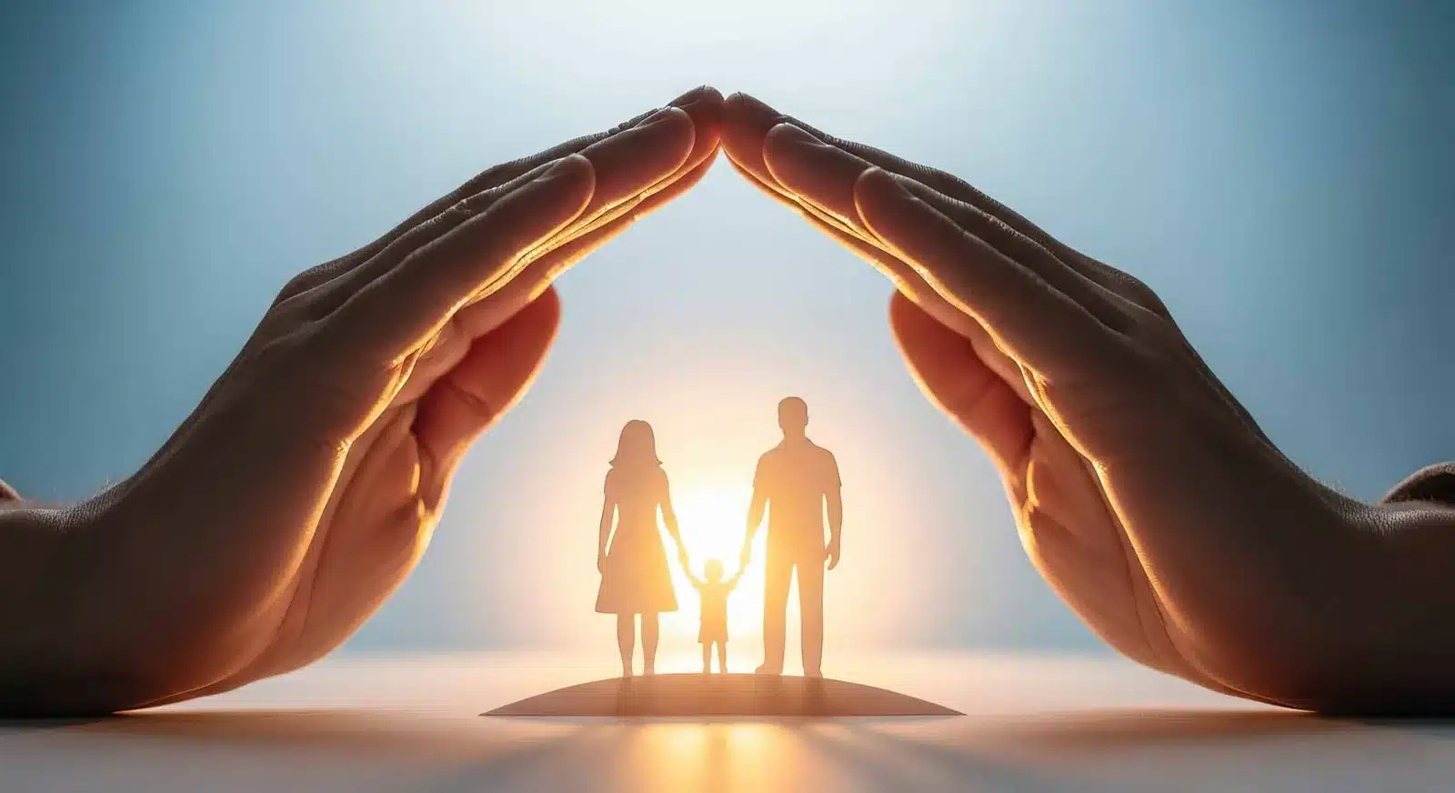 Two hands forming a roof over a family, protecting a Las Vegas mobile home in their name